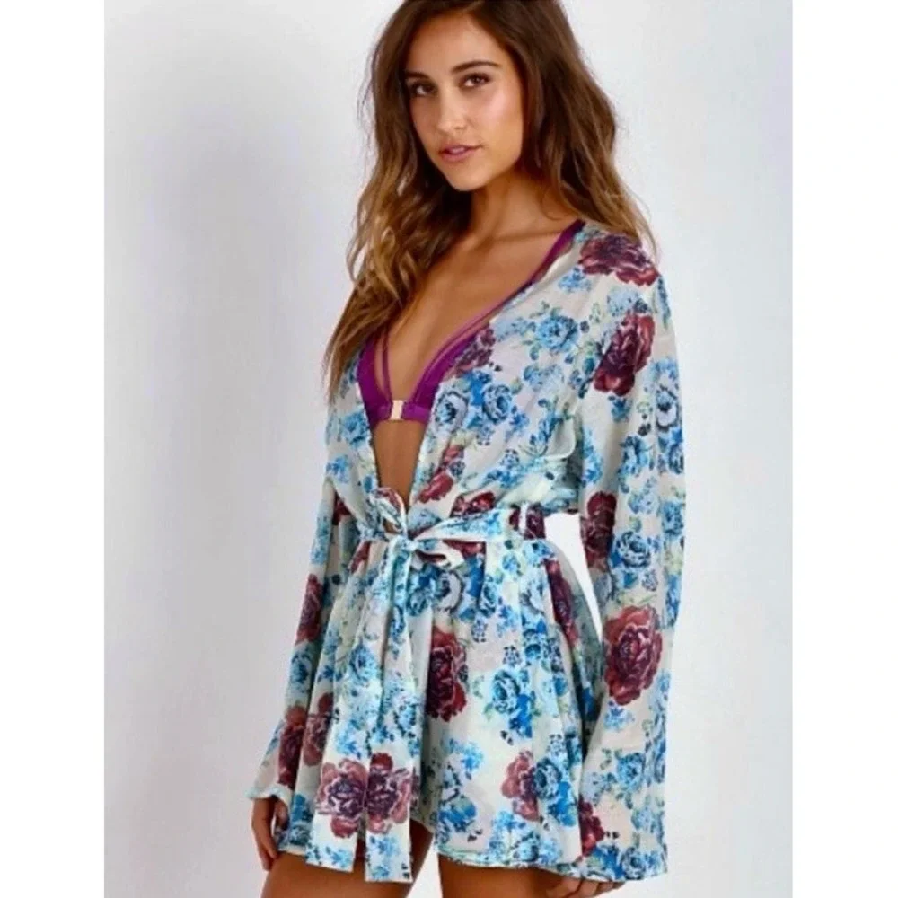 For Love & Lemons Skivvies Naughty Robe Floral OS Cover Up Light Airy Bell Sleev